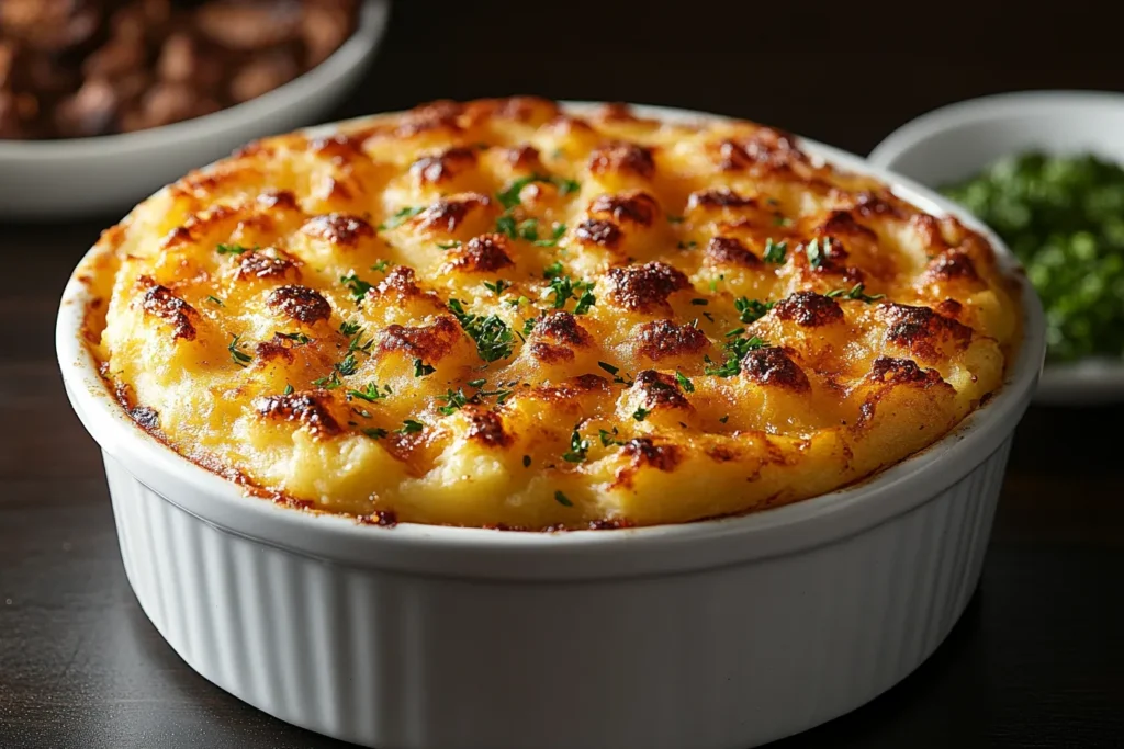 A freshly baked Shepherd's Pie Recipe with golden mashed potato topping in a white baking dish, served on a rustic wooden table.