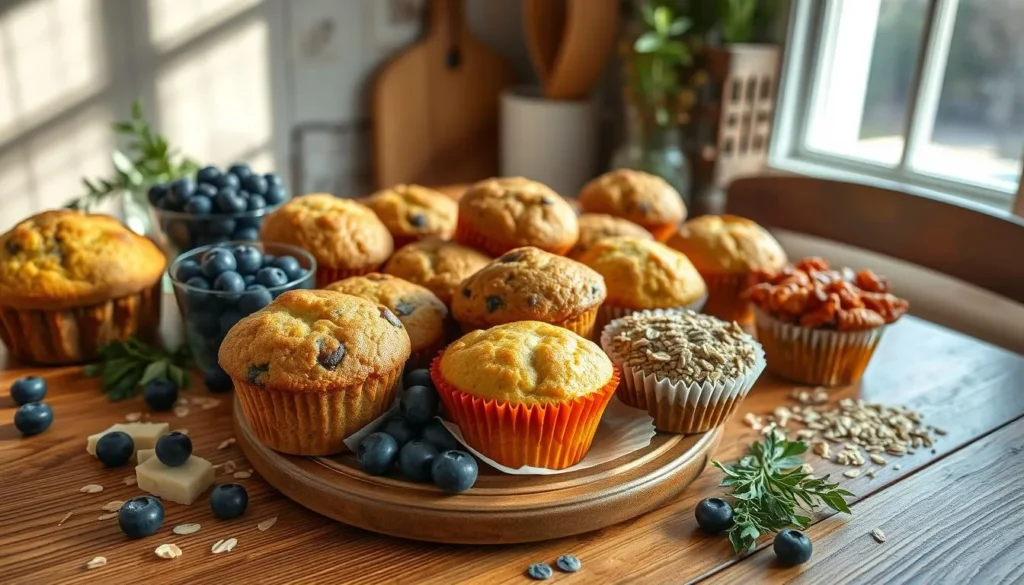 A mix of savory breakfast muffins with cheese and herbs, alongside sweet muffins with berries, served on a wooden platter.