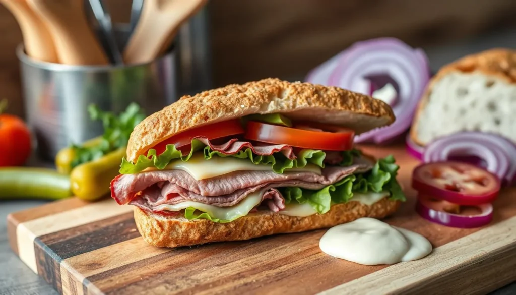 A roast beef sandwich with thinly sliced beef, lettuce, tomato, and mustard on fresh crusty bread