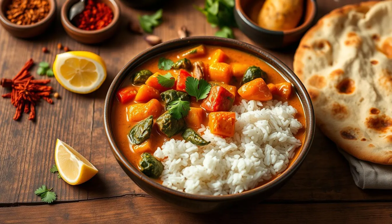 A bowl of vegetarian curry with colorful vegetables, chickpeas, and a garnish of fresh cilantro, served with rice.