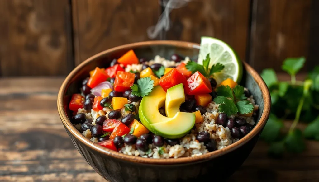 A vibrant black bean and rice bowl with avocado slices, fresh salsa, corn, and lime wedges.