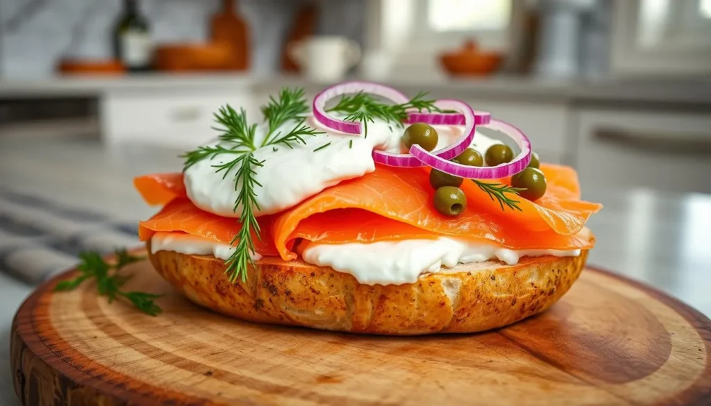 Smoked salmon and cream cheese bagels topped with capers, red onions, and fresh dill on a white plate.