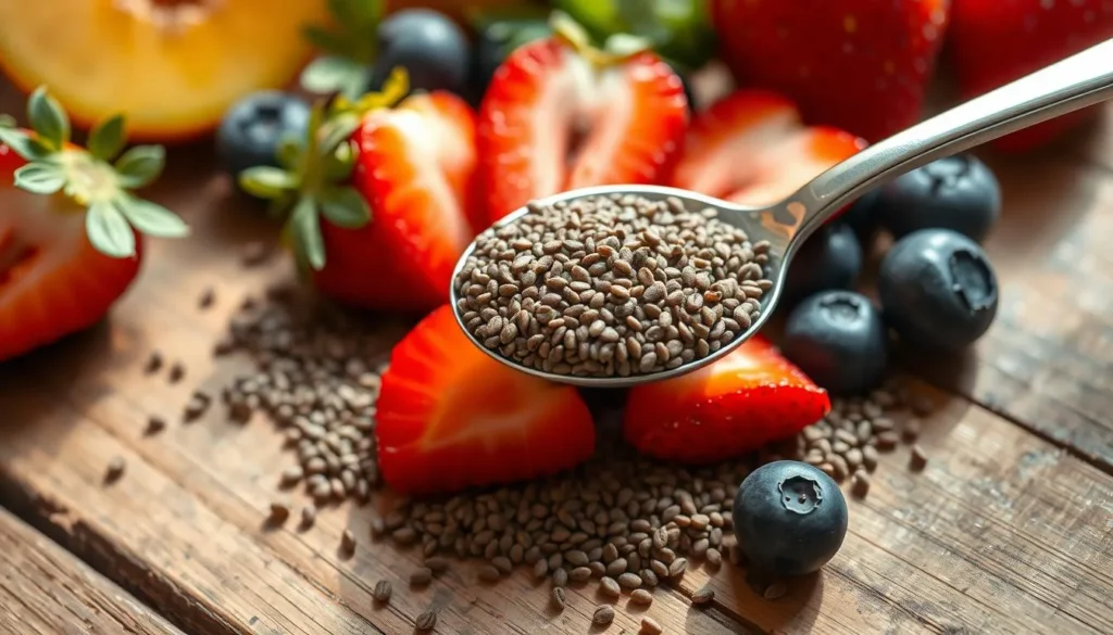 A jar of chia pudding topped with fresh berries, sliced banana, and a sprinkle of nuts.