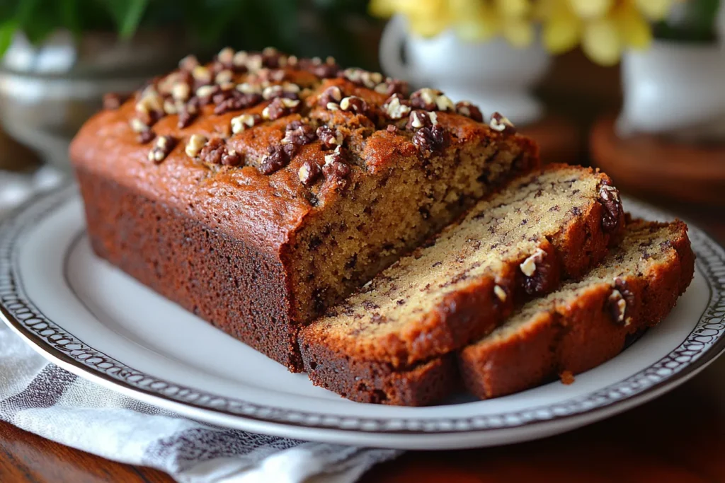 A loaf of moist banana bread sliced to reveal its golden interior, with ripe bananas in the background.