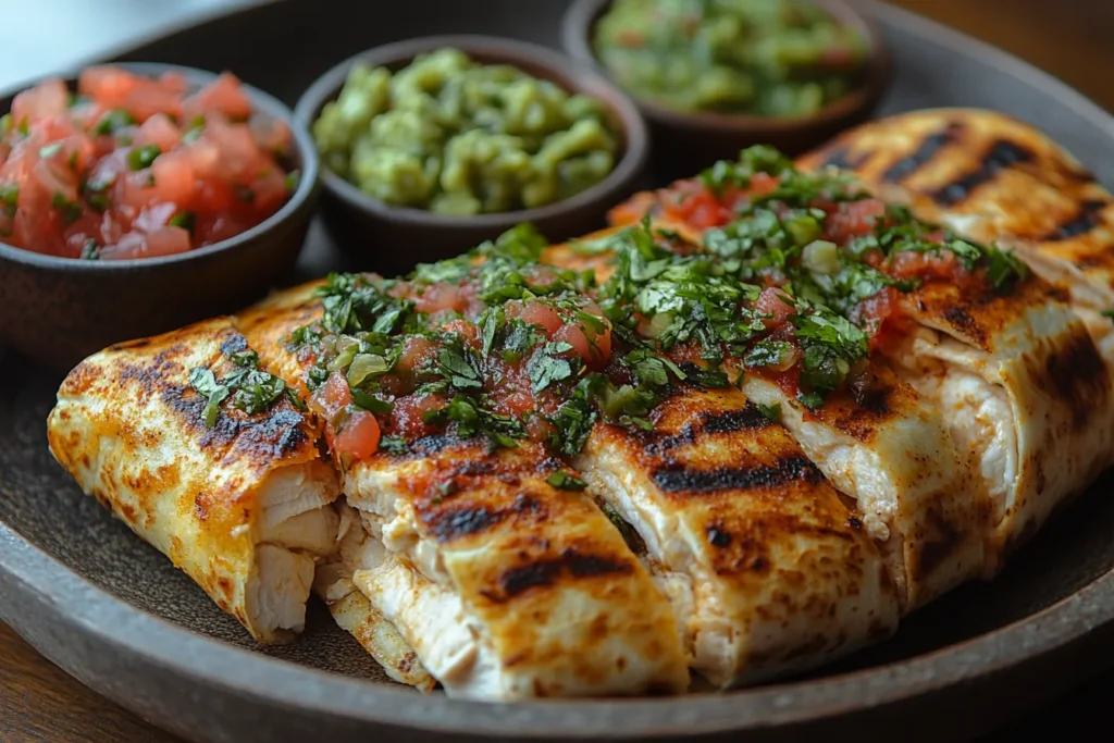 Golden-brown chicken quesadilla slices with melted cheese, served with salsa and guacamole on the side.