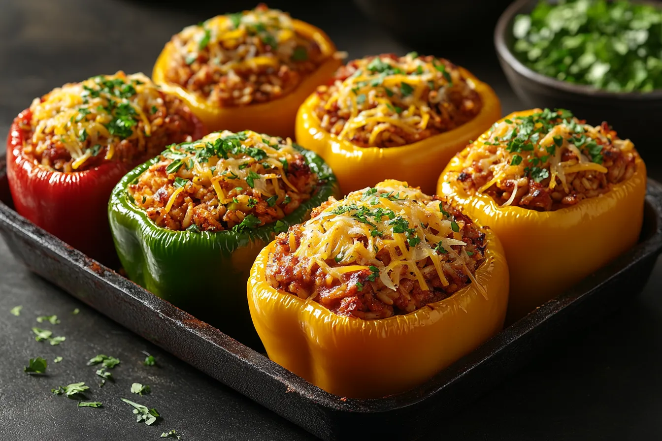 Colorful stuffed bell peppers filled with seasoned rice, ground meat, and melted cheese, baked to perfection.