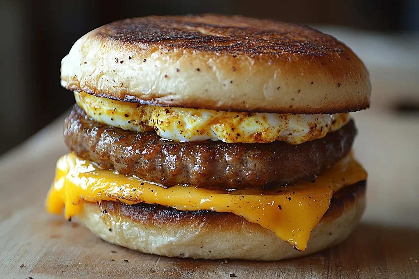 A sausage and egg breakfast sandwich with melted cheese on an English muffin.