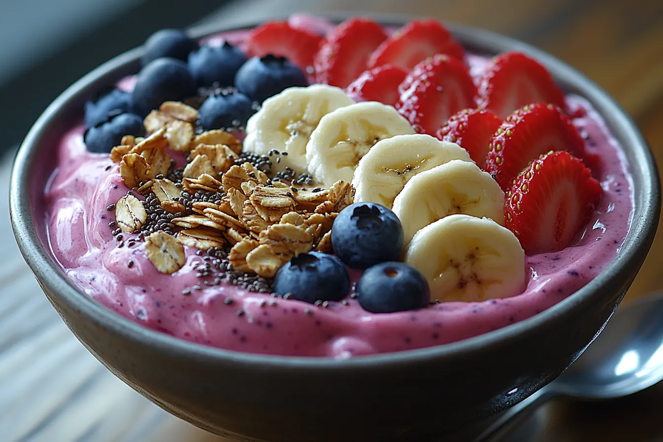 A vibrant smoothie bowl topped with fresh berries, banana slices, granola, and chia seeds on a wooden table.