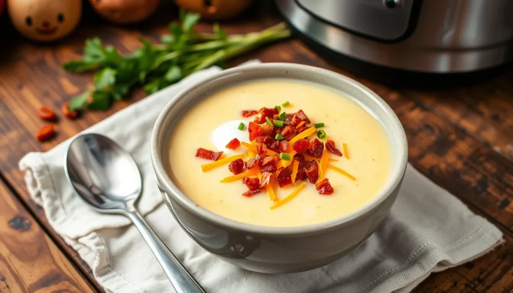 A bowl of loaded baked potato soup topped with crispy bacon, shredded cheese, and fresh chives.