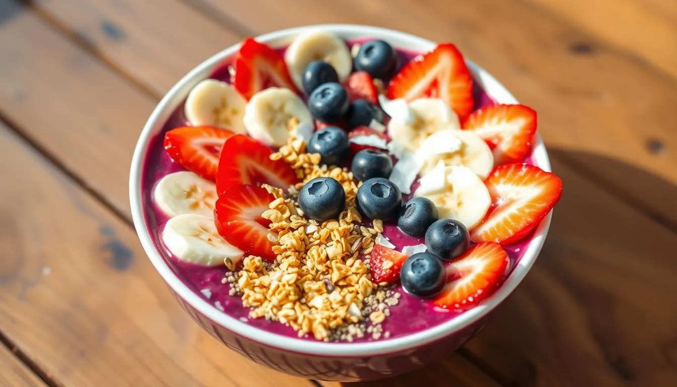 A vibrant acai bowl topped with fresh berries, banana slices, granola, and coconut flakes.