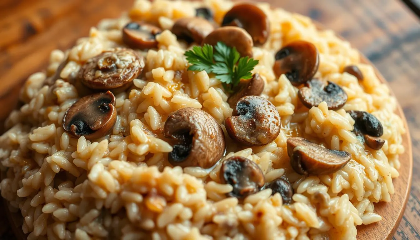 A bowl of creamy mushroom risotto garnished with fresh parsley and grated Parmesan cheese.