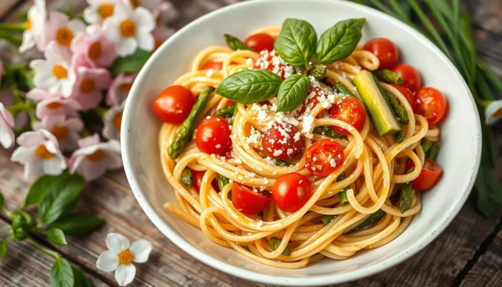 A bowl of pasta primavera with colorful vegetables like bell peppers, zucchini, and cherry tomatoes, garnished with fresh basil.