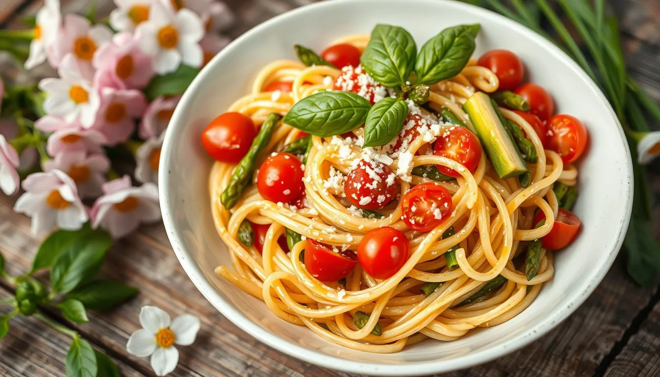 A bowl of pasta primavera with colorful vegetables like bell peppers, zucchini, and cherry tomatoes, garnished with fresh basil.