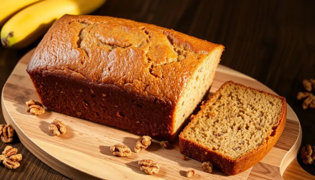 Moist banana bread sliced on a wooden board, topped with chopped walnuts.