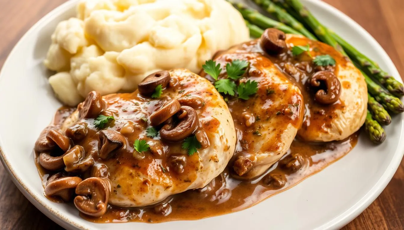 Chicken Marsala with tender chicken breasts in a rich Marsala wine and mushroom sauce, garnished with fresh parsley