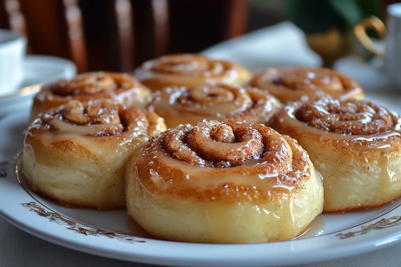 Freshly baked cinnamon rolls topped with creamy glaze on a serving platter.