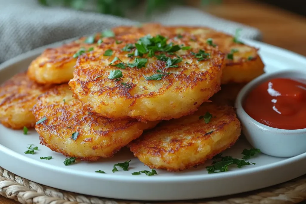 Golden crispy hash browns served on a white plate with a side of ketchup.