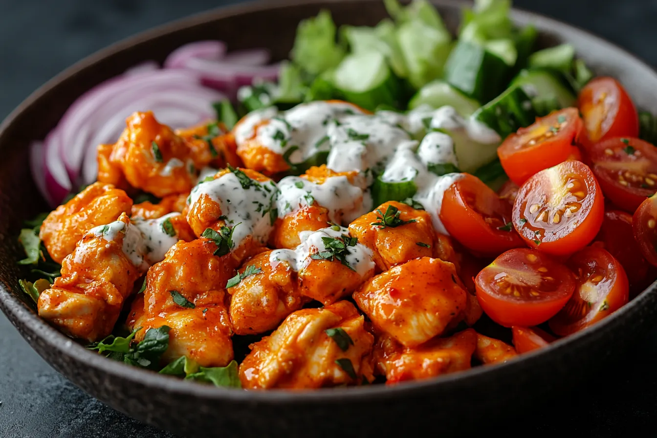 A bowl of Buffalo chicken salad with crispy chicken, fresh greens, cherry tomatoes, and a drizzle of ranch dressing