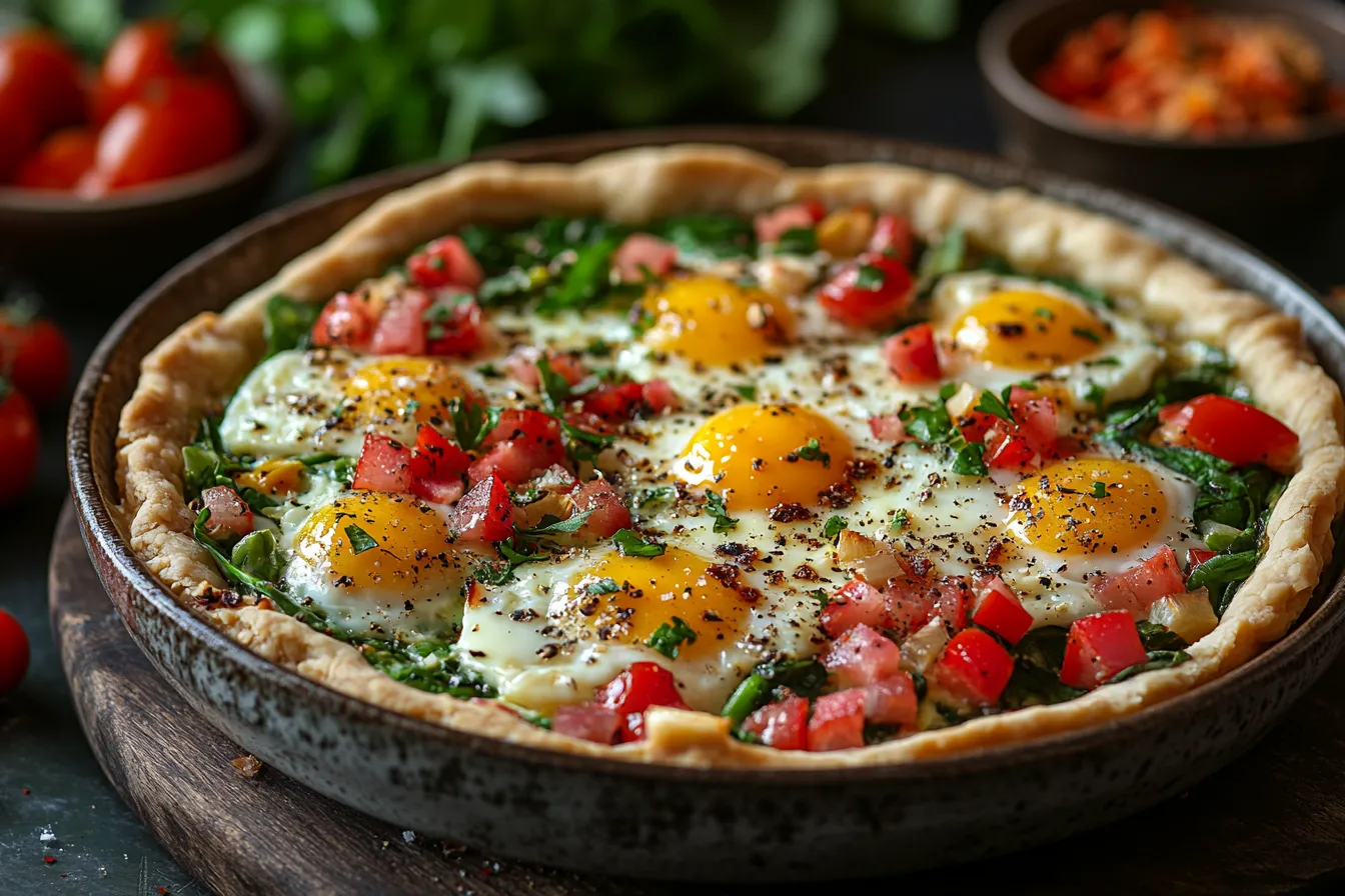 A freshly baked breakfast quiche with a golden crust, filled with eggs, cheese, spinach, and diced vegetables.