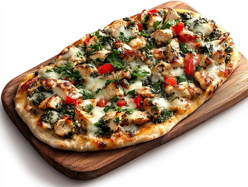 Chicken flatbread topped with melted cheese, fresh vegetables, and herbs on a wooden serving board.