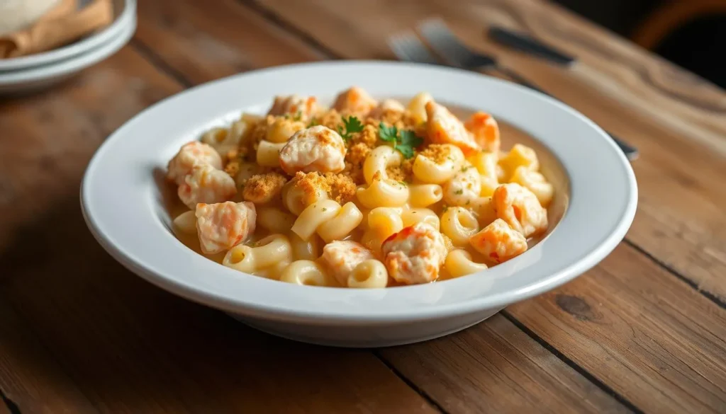 Lobster mac and cheese in a casserole dish with a golden breadcrumb topping, garnished with parsley.