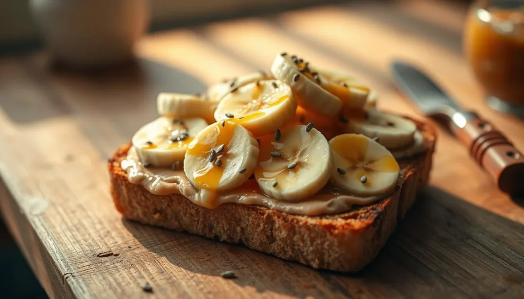 A slice of toast topped with creamy peanut butter, banana slices, and a drizzle of honey on a white plate.