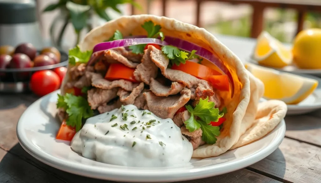 Greek gyros wrapped in pita bread with tender meat, fresh veggies, and creamy tzatziki sauce.