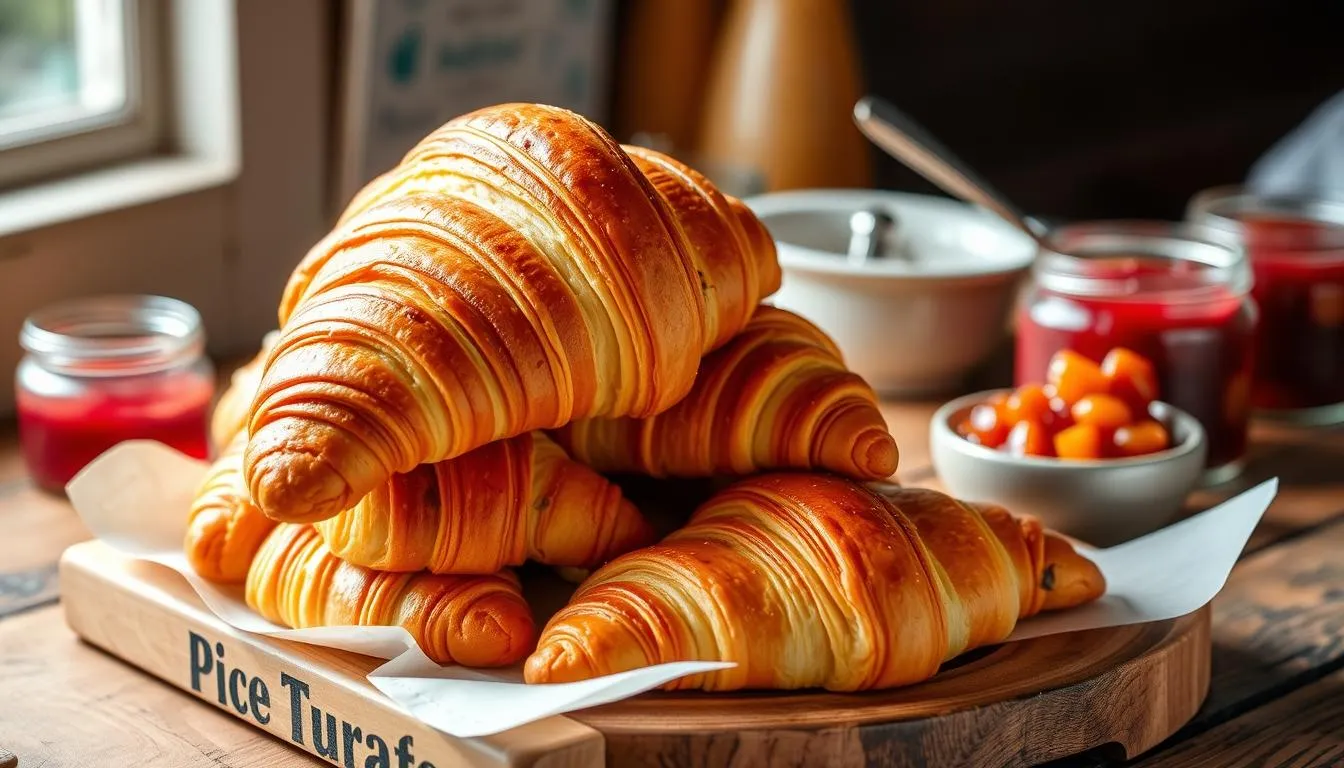 Flaky croissants served with a side of strawberry jam and fresh berries on a white plate.