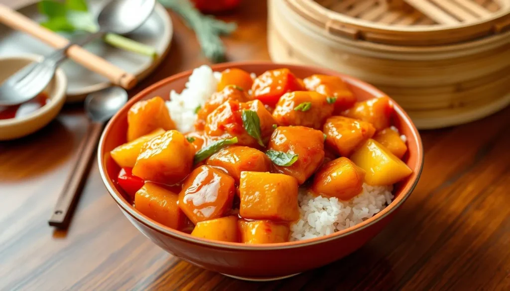 Sweet and sour chicken with crispy chicken pieces, bell peppers, and pineapple chunks coated in a glossy tangy sauce.