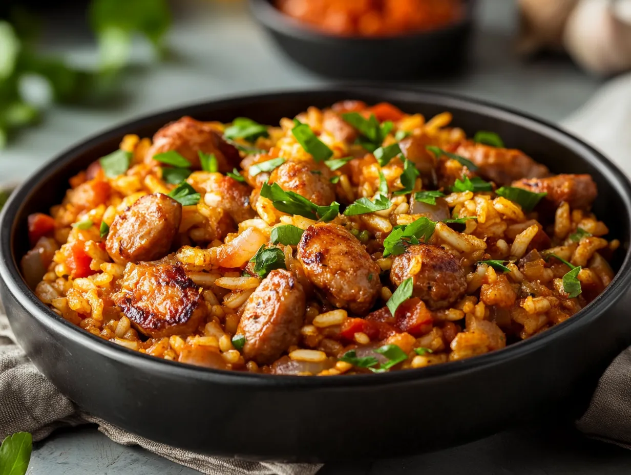 A bowl of Cajun jambalaya with shrimp, sausage, chicken, and rice garnished with green onions.