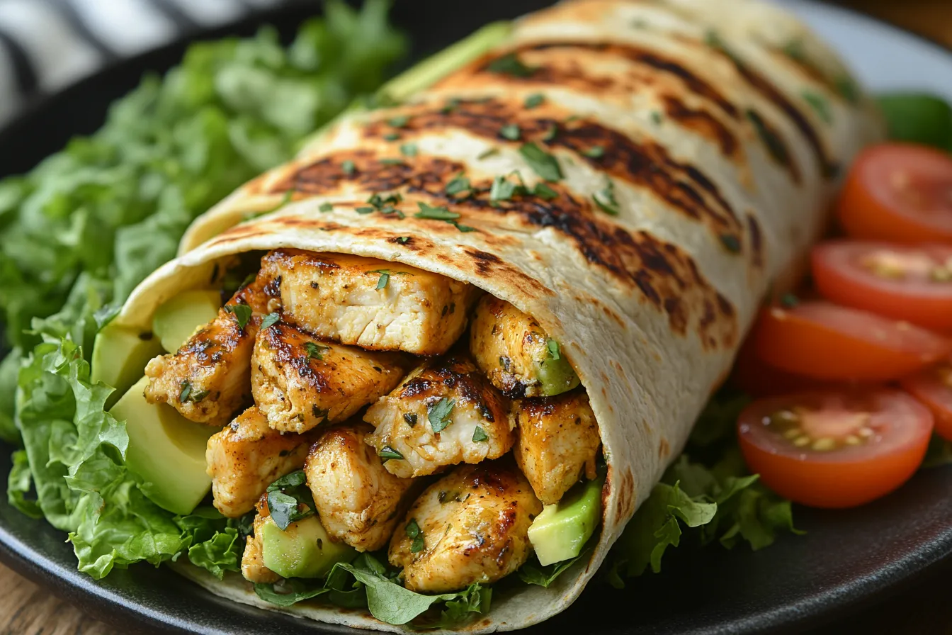 A whole avocado chicken wrap filled with grilled chicken, avocado slices, fresh vegetables, and a tortilla wrap.