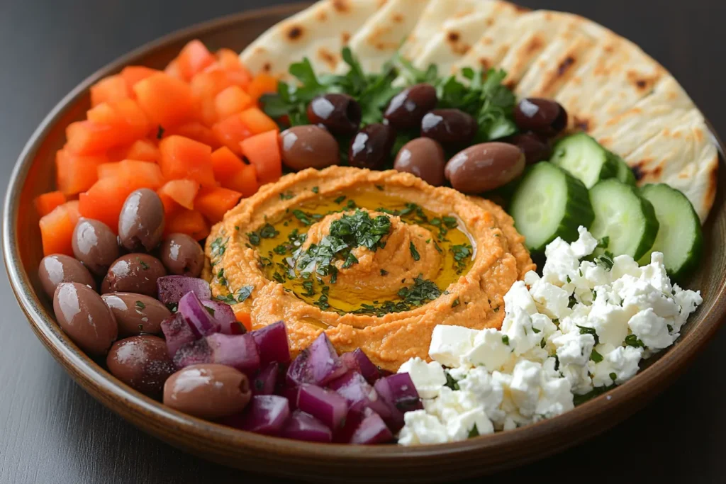 Mediterranean hummus plate with creamy hummus, fresh vegetables, pita bread, olives, and feta cheese on a platter