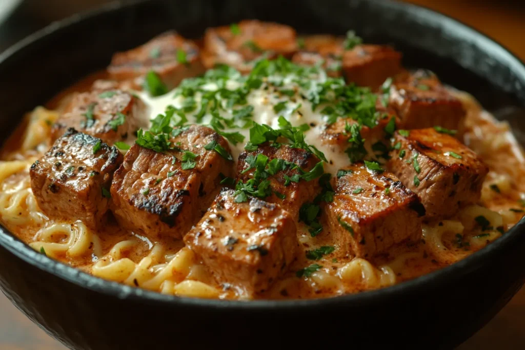 A plate of Beef Stroganoff with tender beef, creamy mushroom sauce, and egg noodles, garnished with fresh parsley.