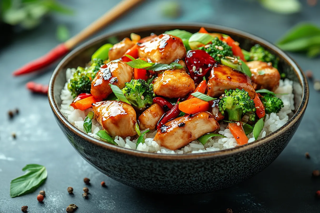 A chicken stir-fry with colorful vegetables like broccoli, bell peppers, and carrots, served in a bowl with steamed rice.