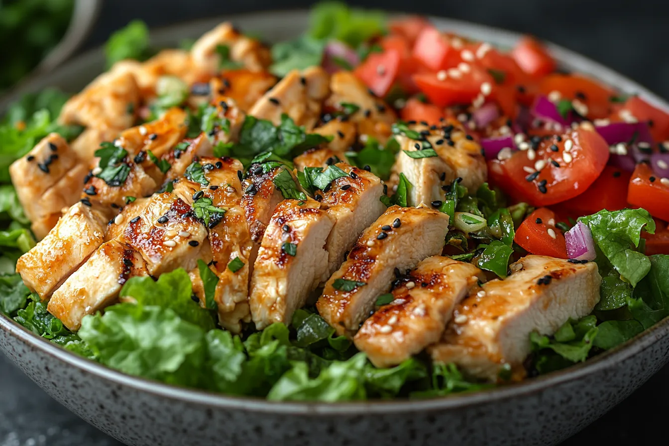 A bowl of Asian chicken salad with grilled chicken, fresh vegetables, crispy wonton strips, and sesame dressing.