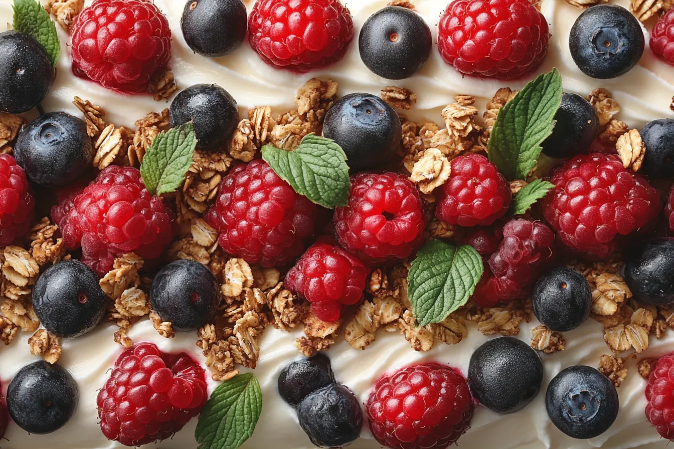 Close-up of fresh blueberries, strawberries, and granola on top of Greek yogurt.