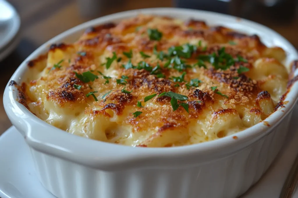 A bowl of creamy macaroni and cheese topped with breadcrumbs and parsley