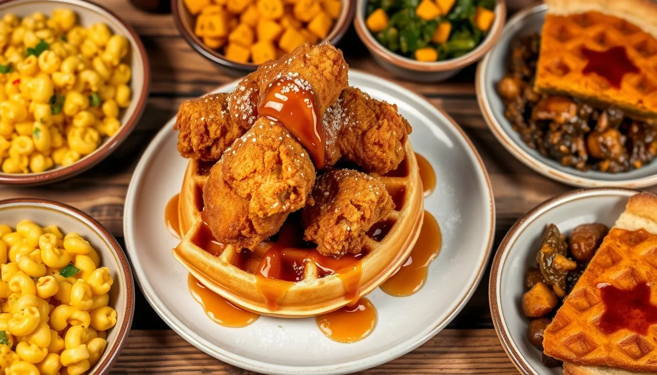 Chicken and waffles served on a plate with crispy fried chicken, fluffy waffles, and maple syrup drizzle.