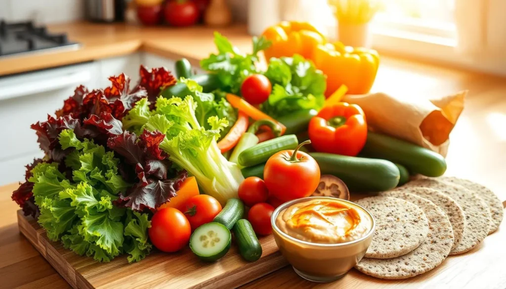 Fresh veggie wraps filled with colorful vegetables, greens, and hummus on a wooden board.