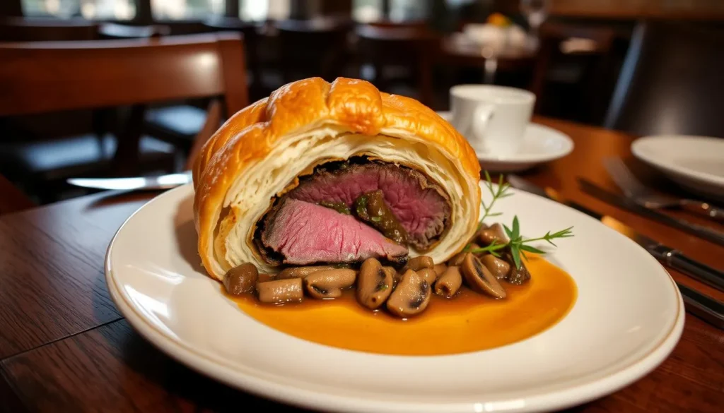 A perfectly cooked Beef Wellington sliced to reveal tender beef, mushroom duxelles, and golden puff pastry.