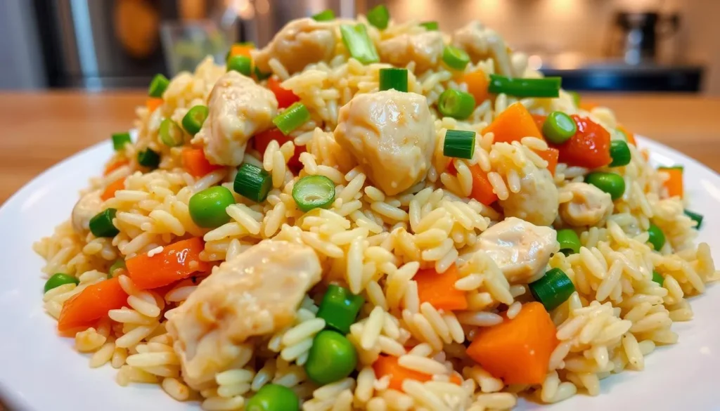 A bowl of chicken fried rice with colorful vegetables, tender chicken, and a garnish of green onions.