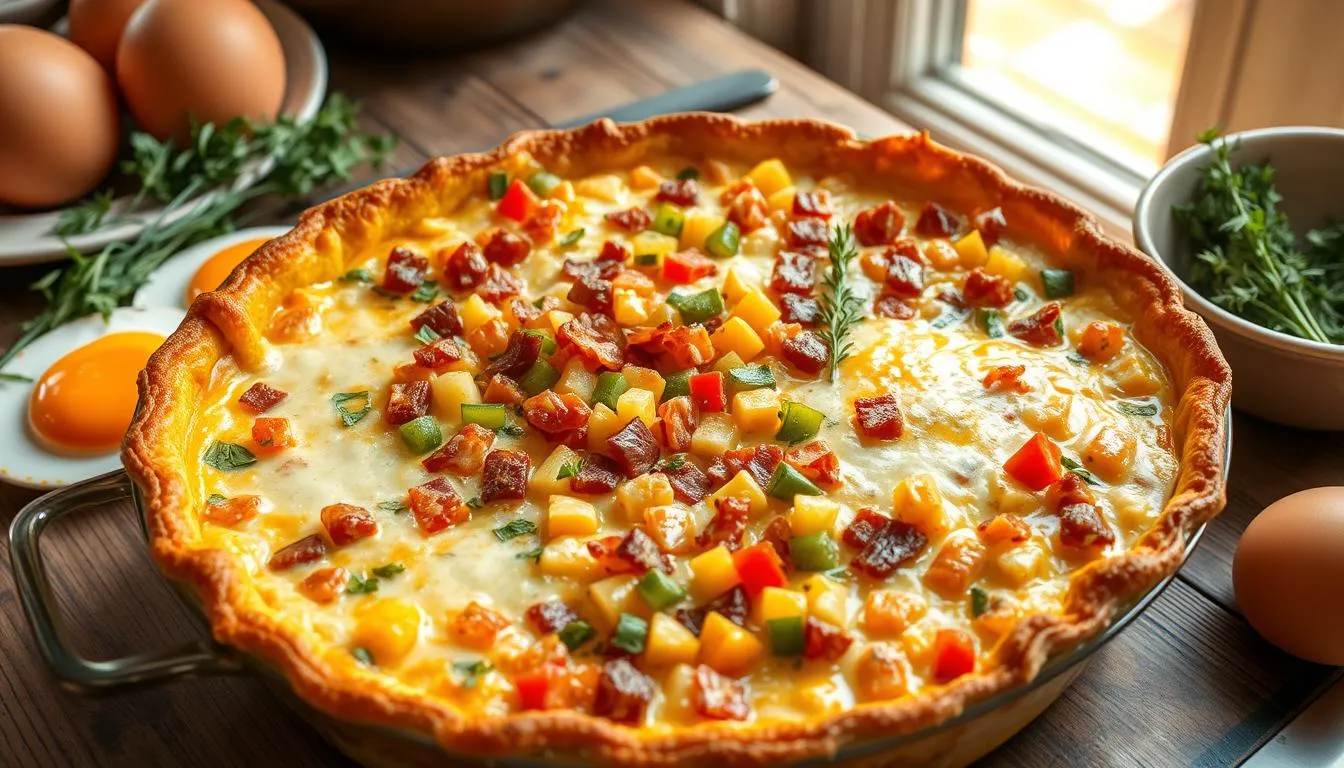 A slice of breakfast casserole with eggs, cheese, sausage, and vegetables served on a white plate.