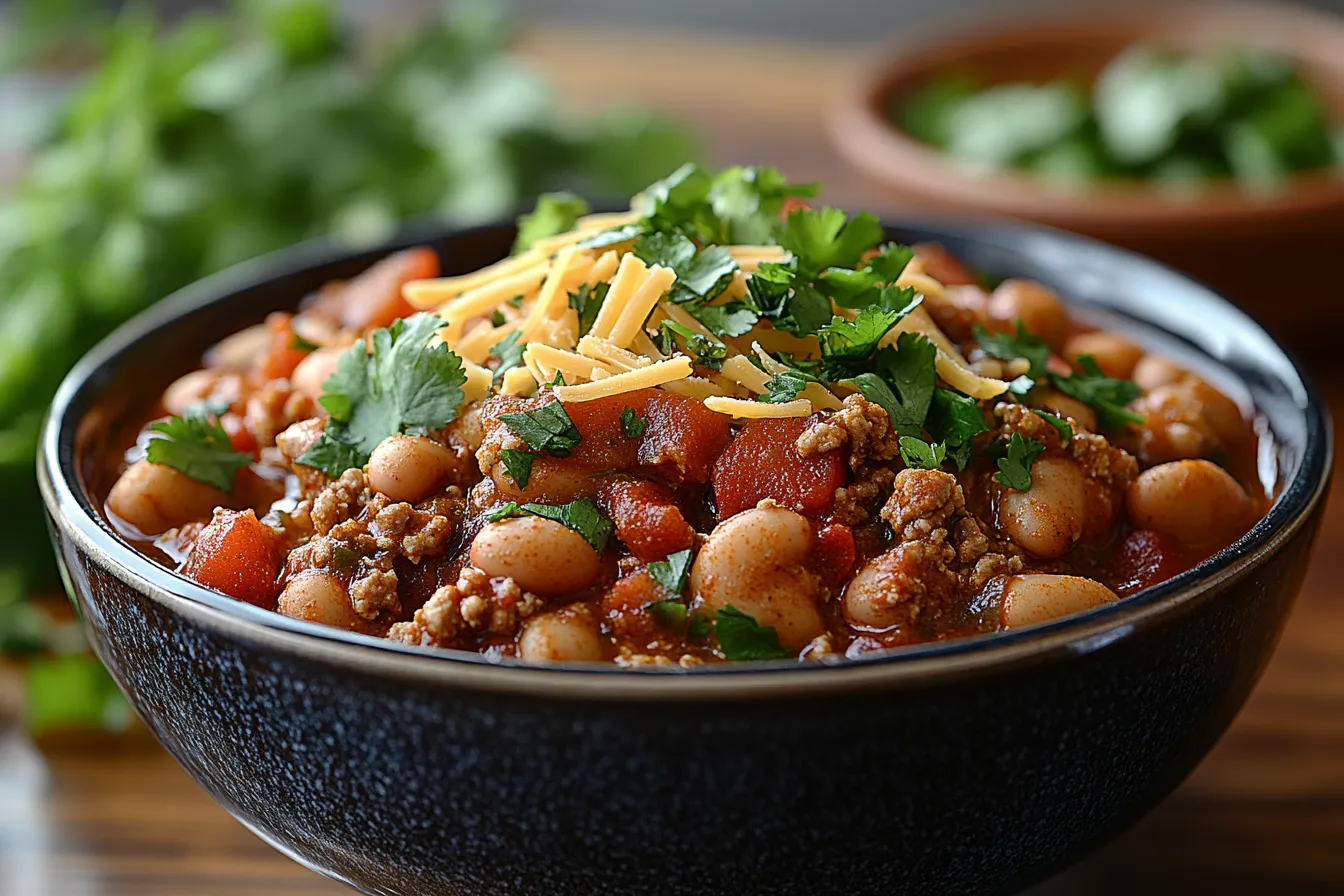 A bowl of turkey chili with beans, tomatoes, and spices, topped with shredded cheese and fresh cilantro.