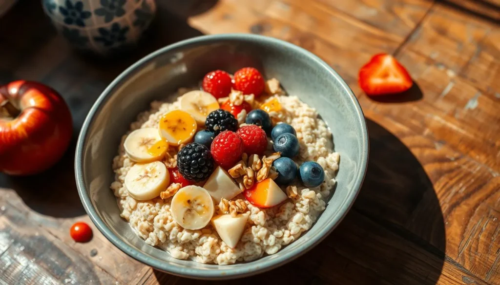 A bowl of steel-cut oatmeal topped with fresh berries, banana slices, almonds, and chia seeds.