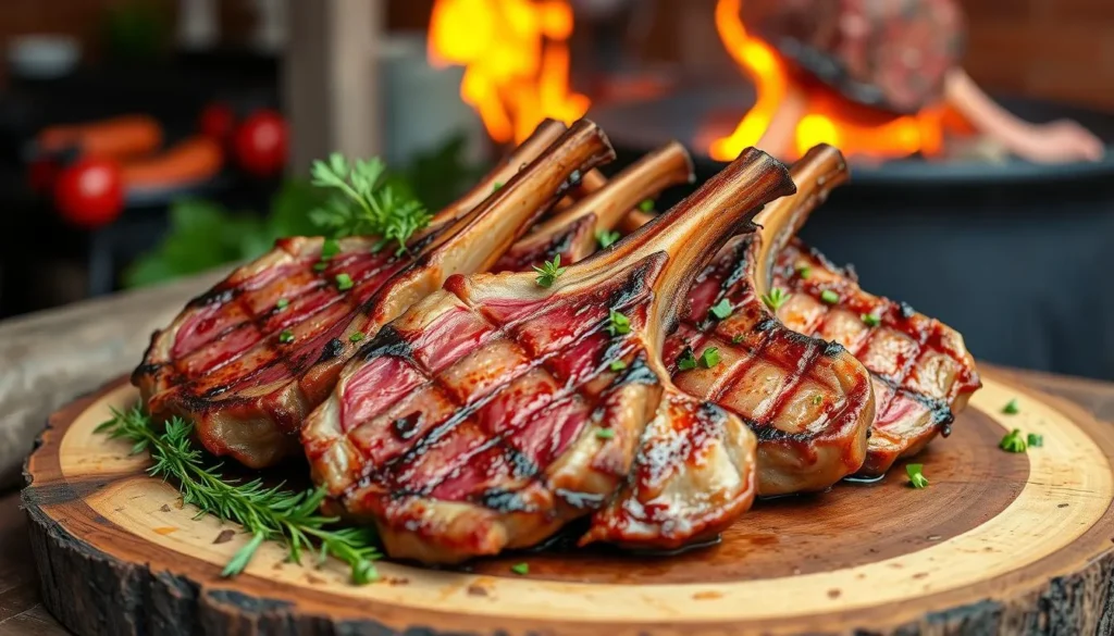 Grilled lamb chops served on a plate with fresh rosemary and lemon wedges.