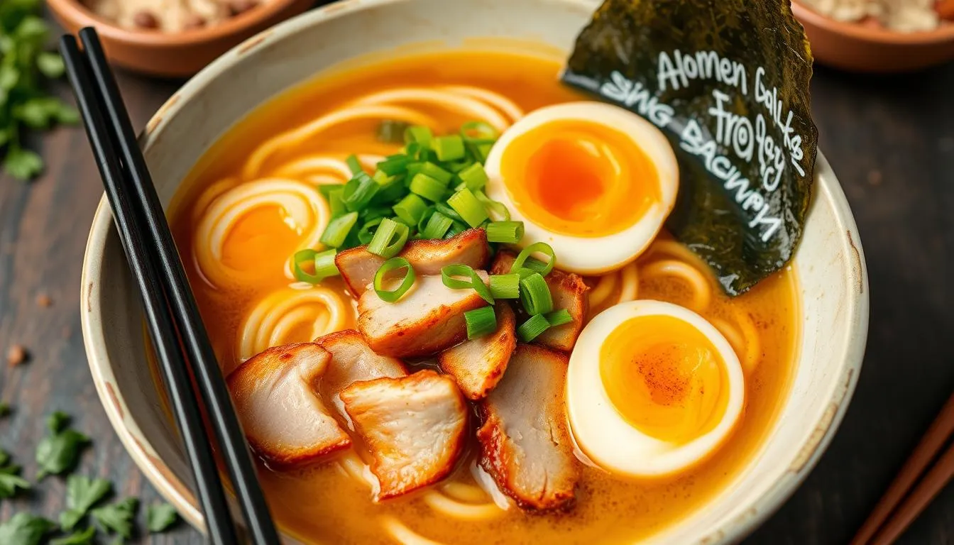 Ramen noodle bowl with soft-boiled eggs, sliced pork, green onions, and mushrooms in a rich broth.