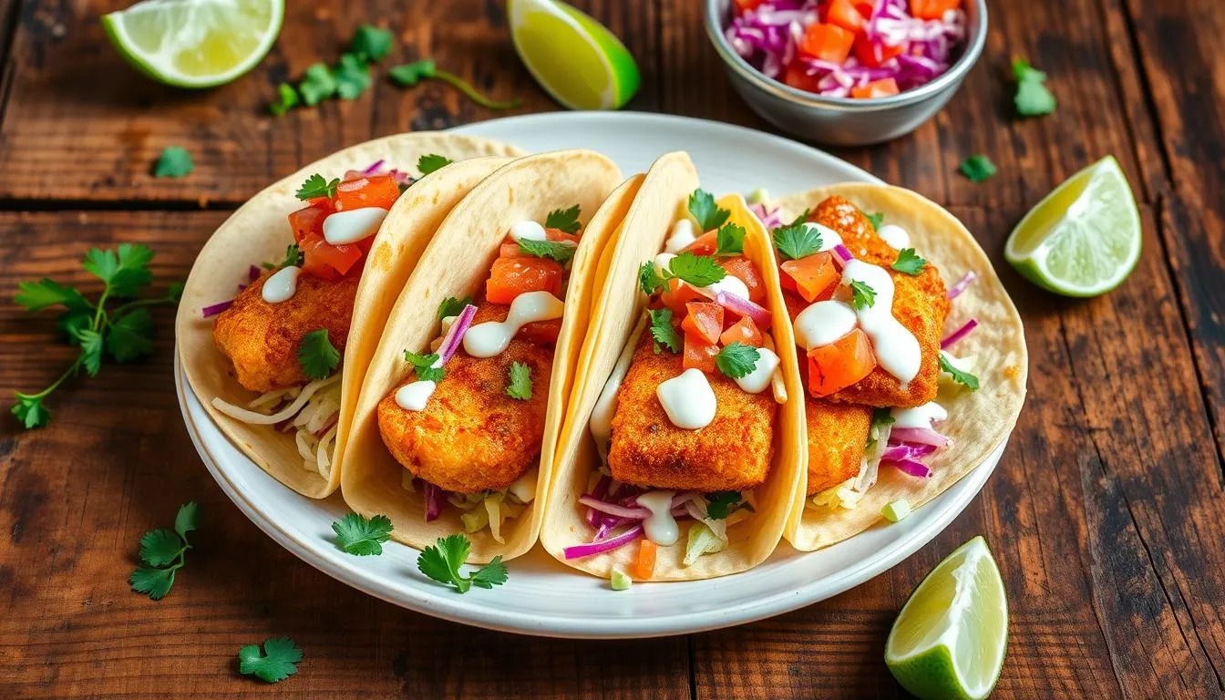 Fish tacos with grilled fish, fresh slaw, and a drizzle of lime crema served on corn tortillas.