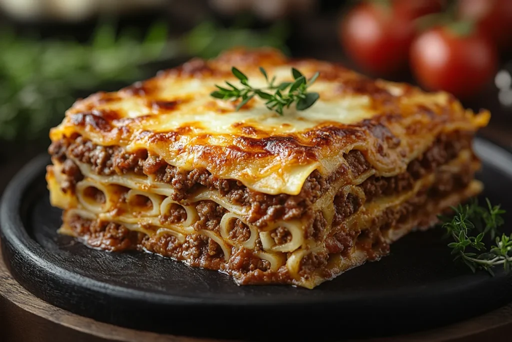 Baked lasagna with golden melted cheese on top in a casserole dish.