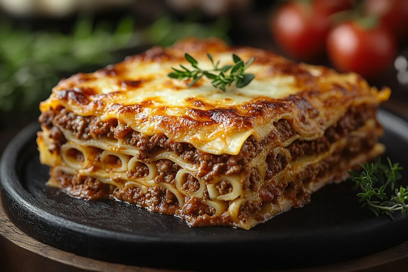 Baked lasagna with golden melted cheese on top in a casserole dish.