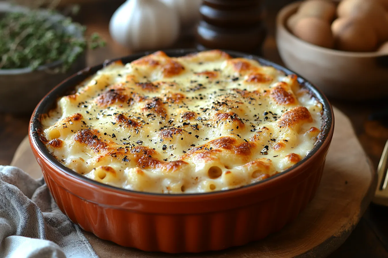 baked ziti topped with melted cheese and fresh parsley, served hot on a wooden table.